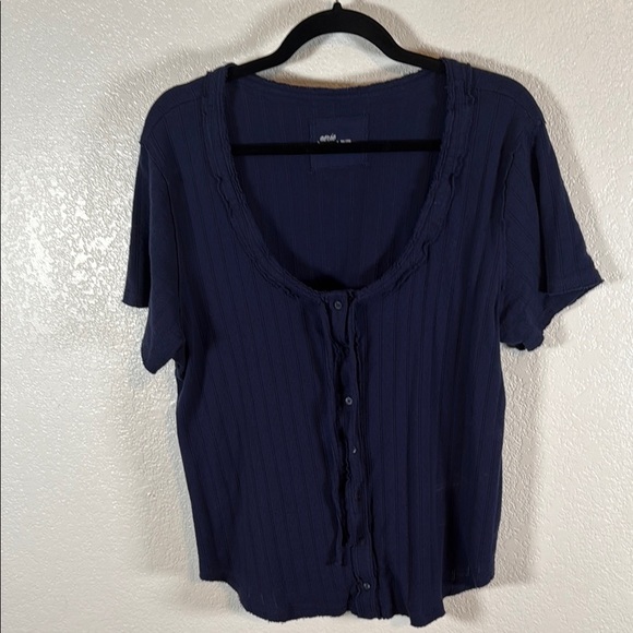 Aerie Navy Button Down Pointelle Knit Scoop Tee Size XXL - Picture 1 of 7
